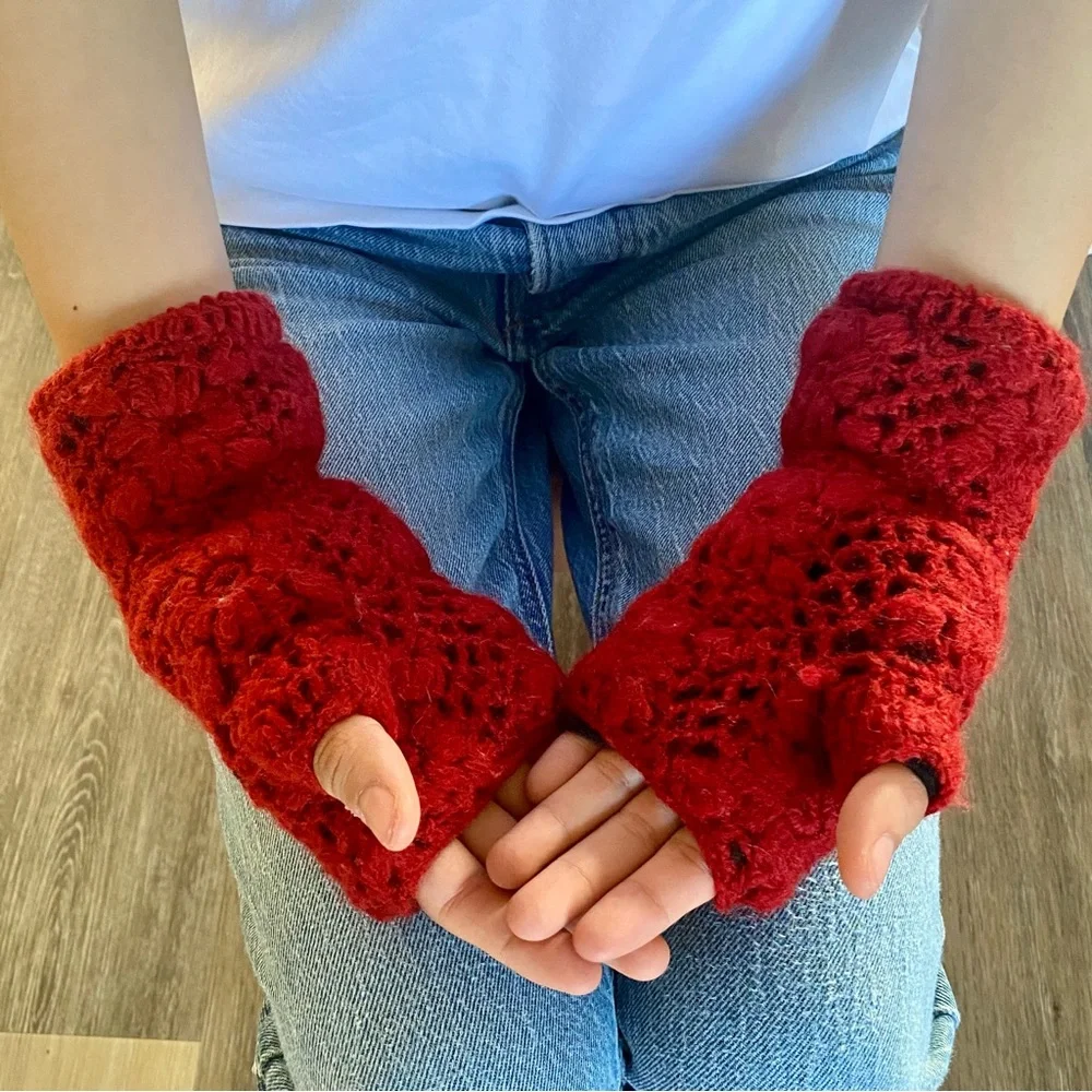 Pure Wool Hand Crochet Fingerless Gloves Lined
